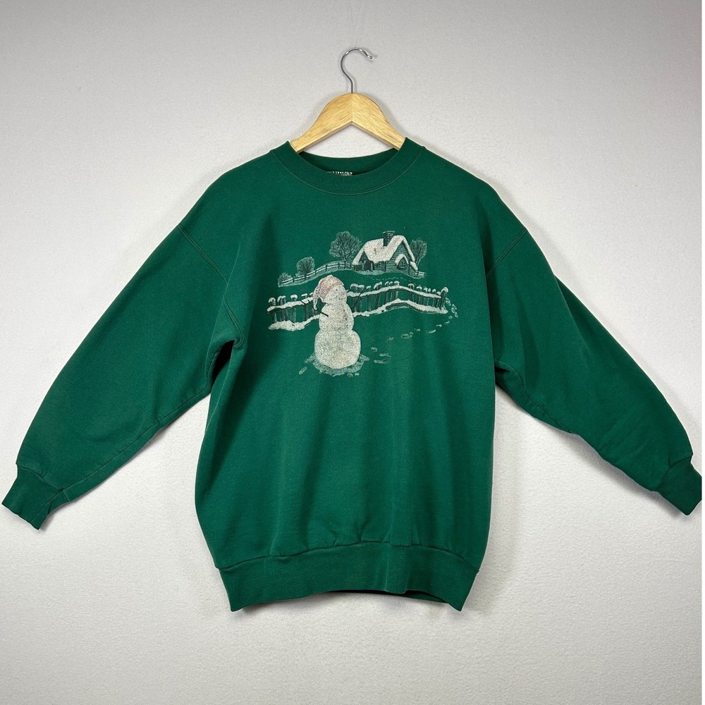 Vintage Wintercore Hanes Mens‎ Medium Green Snowman Graphic Sweatshirt Holiday